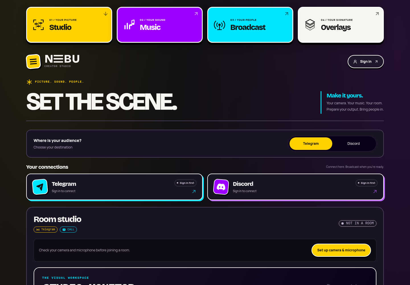 NEBU studio interface with camera preview, Studio, Music, Broadcast and Overlays shortcuts, and controls for recording and video rooms.